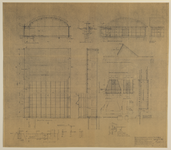 217576 Doorneden, aanzicht, plattegrond en details van de betonnen overkapping op het terrein van de groenten- en ...